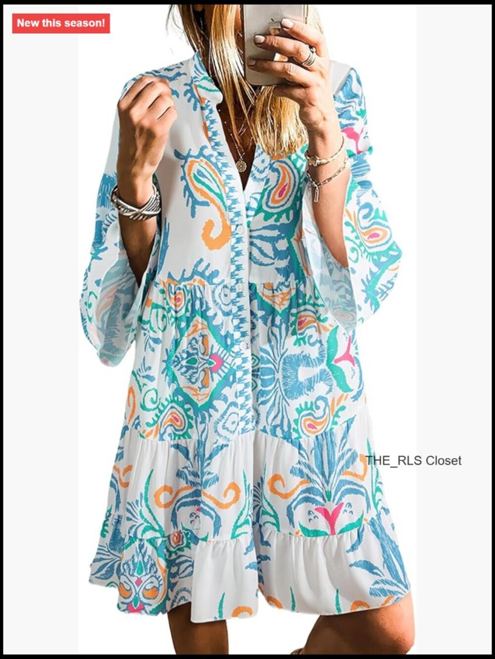 Polyester Long Sleeve V Neck Tribal Print Button Mini Dress